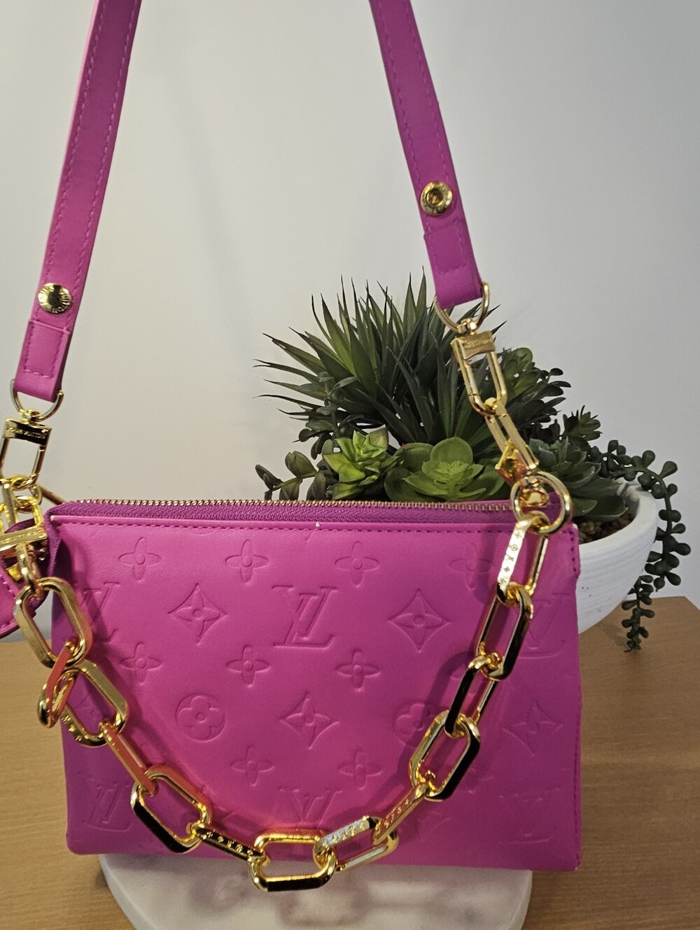 Designer Inspired Fuchsia Monogram Crossbody Bag with Gold Chain - Picture 5 of 8